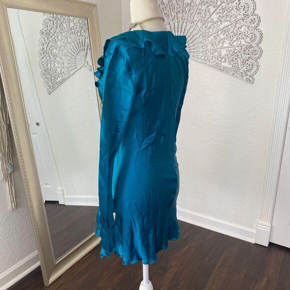 Deadstock Frederick's Of Hollywood Teal Ethereal Frilly Ruffle Silk Dress Top M - Picture 6 of 8